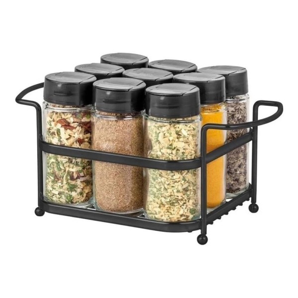 Porta Temperos com 9 Potes Vidro Suporte Preto Passerini