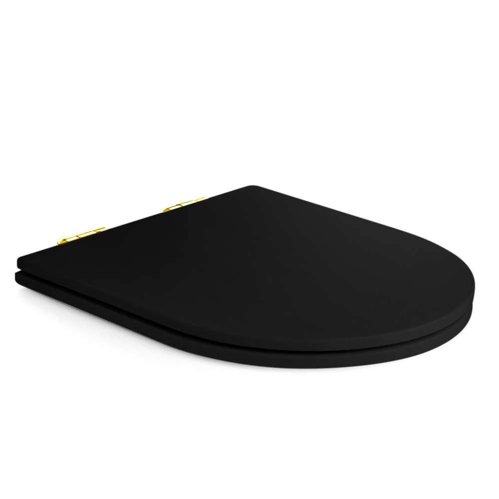 Encontraproduto.com.br - Assento Poliester Soft Close Carrara Preto Fosco para vaso Deca com Ferragem Dourada