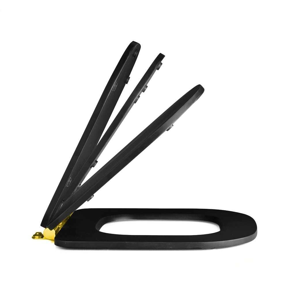 Encontraproduto.com.br - Assento Poliester Soft Close Carrara Preto Fosco para vaso Deca com Ferragem Dourada