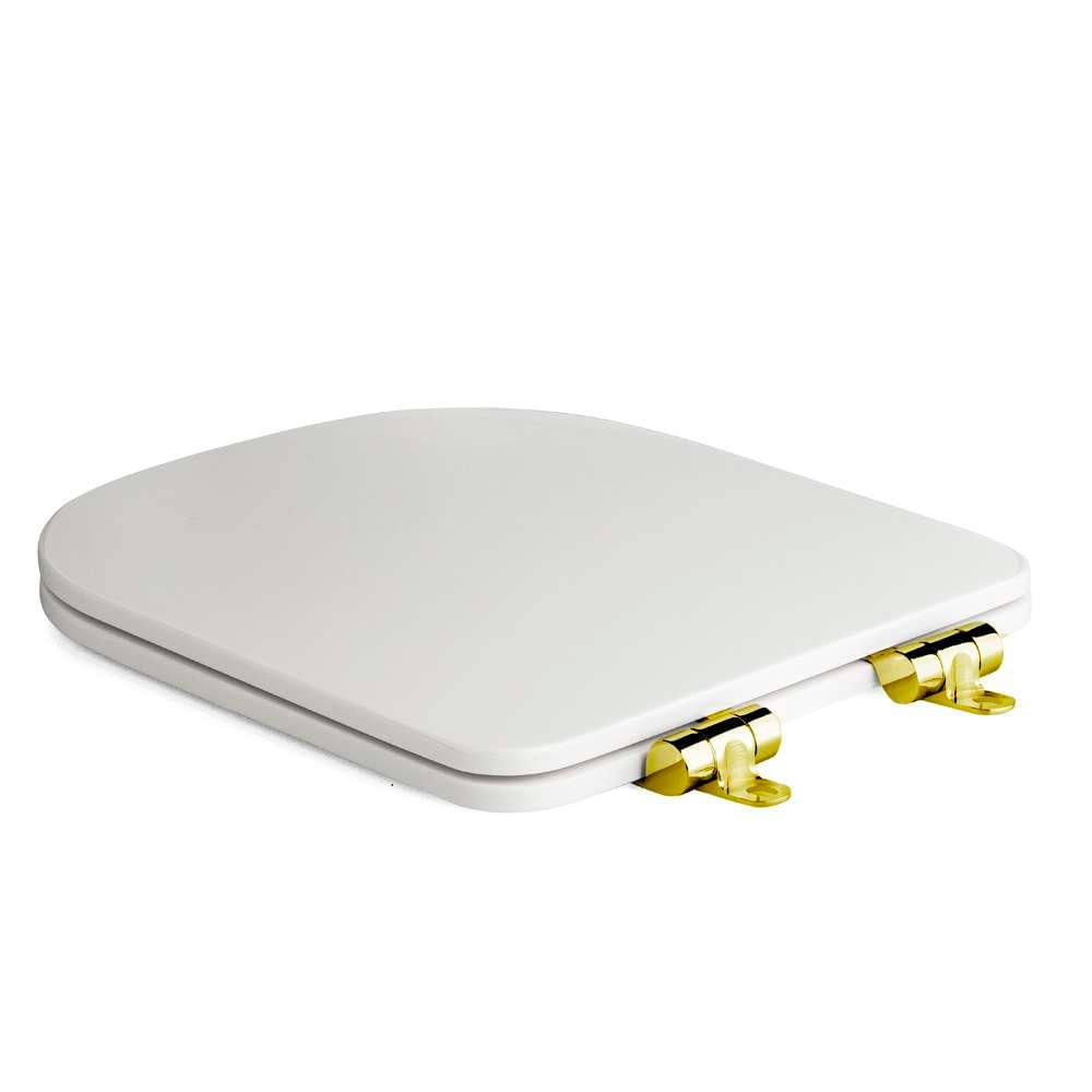 Encontraproduto.com.br - Assento Poliester Soft Close Antimicrobiano Polo Branco Para Vaso Deca Com Ferragem Dourada