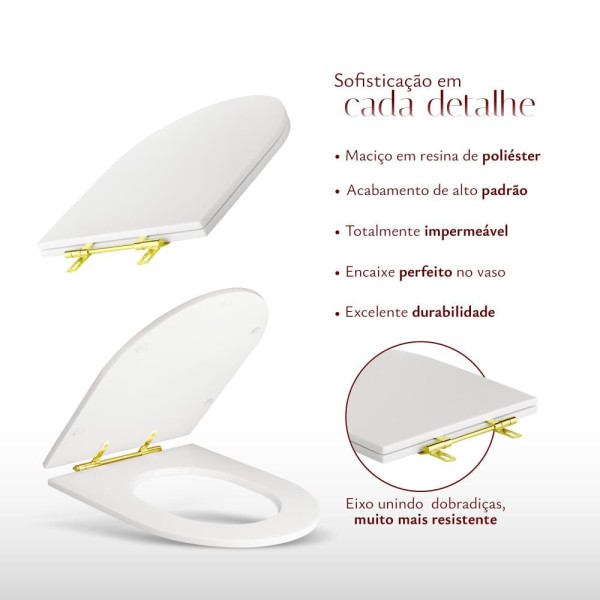 Encontraproduto.com.br - Assento Sanitário Poliéster Antibacteriano Carrara Branco para vaso Deca com Ferragem Dourada