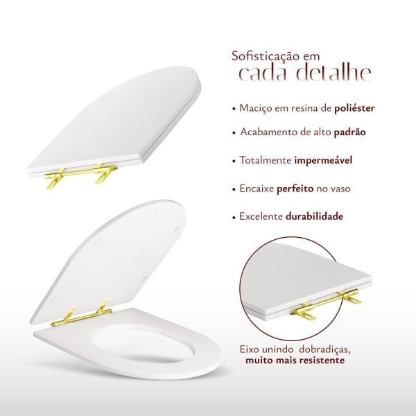 Encontraproduto.com.br - Assento Sanitário Poliéster Luxo Carrara Marrom Fosco Para Vaso Deca Com Ferragem Dourada