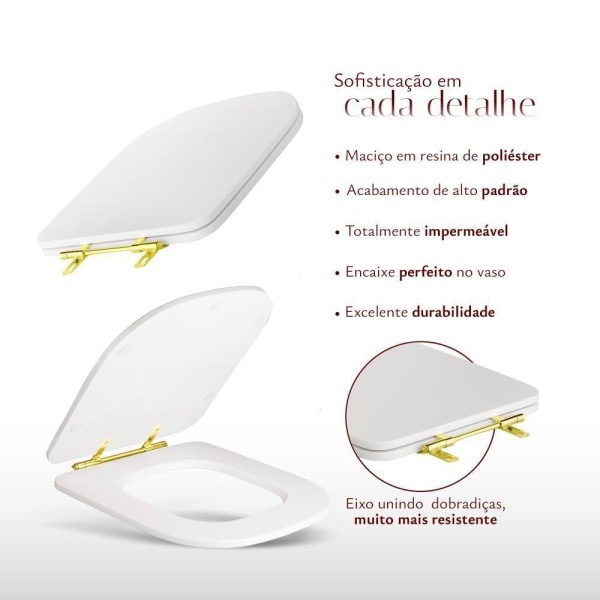 Encontraproduto.com.br - Assento Sanitário Poliéster Antibacteriano Quadra Branco Para Vaso Deca Com Ferragem Dourada