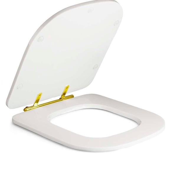 Encontraproduto.com.br - Assento Sanitário Poliéster Antibacteriano Quadra Branco Para Vaso Deca Com Ferragem Dourada