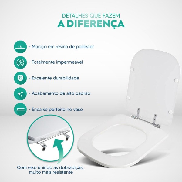 Encontraproduto.com.br - Assento Sanitário Poliéster Quadra Branco para vaso Deca 1.6gpf 6lpf