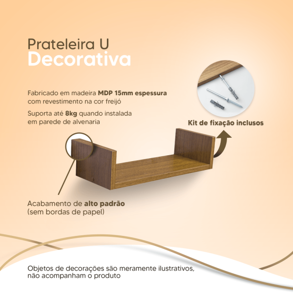 Encontraproduto.com.br - Kit 3 Prateleiras U 40 x 20cm Freijó Suporte Invisível