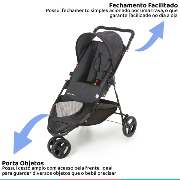 Encontraproduto.com.br - Carrinho Bebe Passeio Galzerano Até 15kg Reclinável Reversível Tivoli Preto + Bebê Conforto + Base
