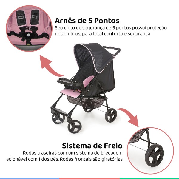 Encontraproduto.com.br - Carrinho Bebe Berço Passeio Reclinável Galzerano Até 15Kg Romano Preto e Rosa + Bebê Conforto + Base