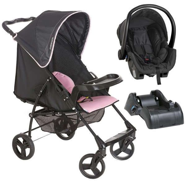 Encontraproduto.com.br - Carrinho Bebe Berço Passeio Reclinável Galzerano Até 15Kg Romano Preto e Rosa + Bebê Conforto + Base