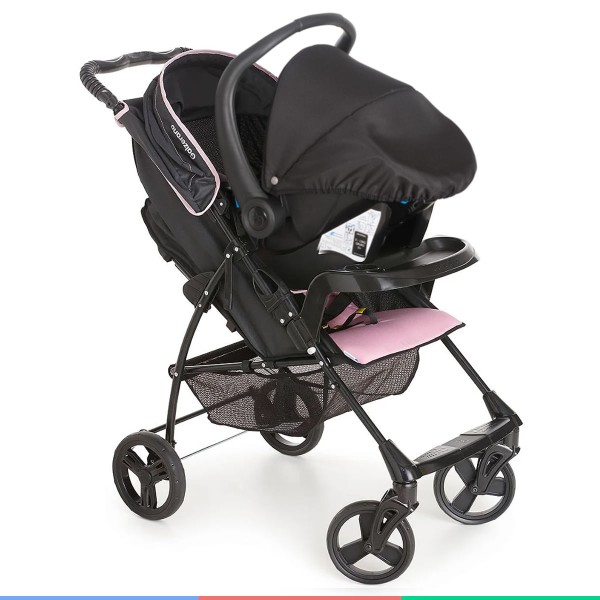 Encontraproduto.com.br - Carrinho Bebe Berço Passeio Reclinável Galzerano Até 15Kg Romano Preto e Rosa + Bebê Conforto + Base
