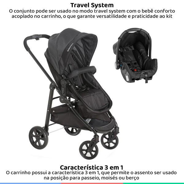 Encontraproduto.com.br - Carrinho Bebe Infantil Até 15kg Berço Passeio Moises 3em1 Olympus New Black Galzerano + Bebê Conforto