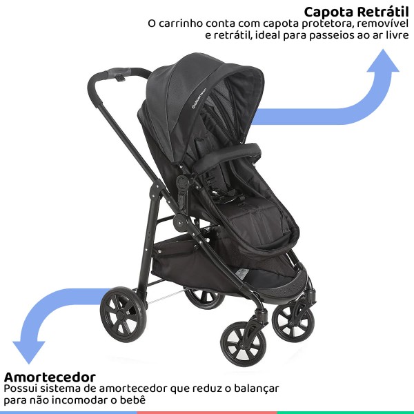 Encontraproduto.com.br - Carrinho Bebe Infantil Até 15kg Berço Passeio Moises 3em1 Olympus New Black Galzerano + Bebê Conforto