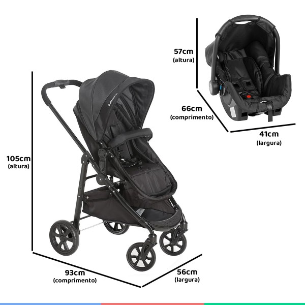 Encontraproduto.com.br - Carrinho Bebe Infantil Até 15kg Berço Passeio Moises 3em1 Olympus New Black Galzerano + Bebê Conforto