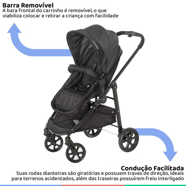 Encontraproduto.com.br - Carrinho Bebe Infantil Até 15kg Berço Passeio Moises 3em1 Olympus New Black Galzerano + Bebê Conforto