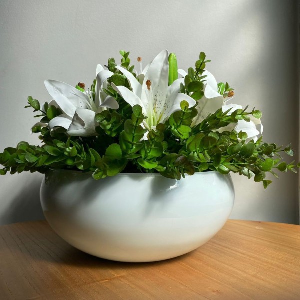 Encontraproduto.com.br - Arranjo Grande Centro De Mesa Lírio Branco Artificial Vaso Branco