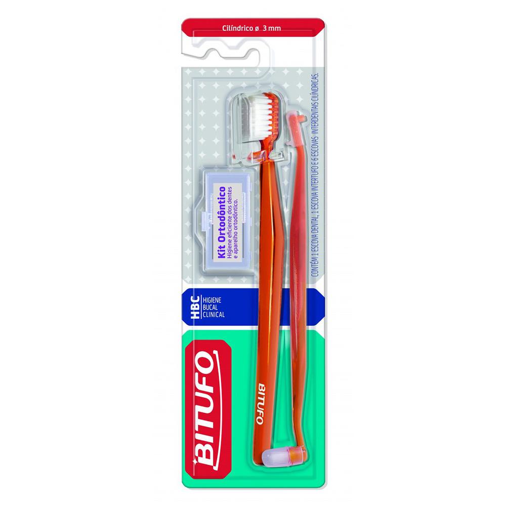 Encontraproduto.com.br - Kit Ortodôntico Bitufo Cilíndrico Cores Sortidas Com 1 Escova Dental 1 Escova Intertufo E 6 Escovas Interdentais Cilíndricas