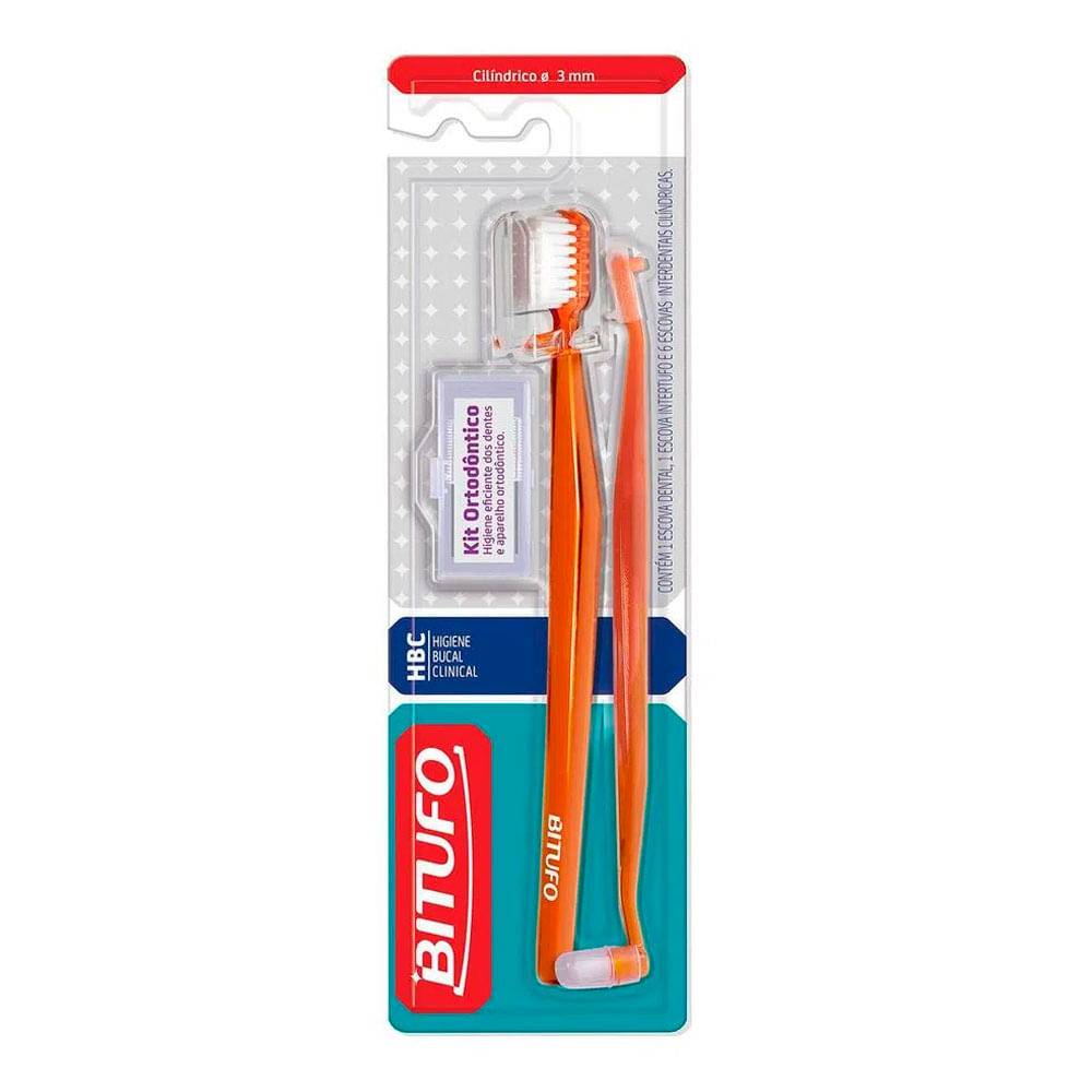 Encontraproduto.com.br - Kit Ortodôntico Bitufo Cilíndrico Cores Sortidas Com 1 Escova Dental 1 Escova Intertufo E 6 Escovas Interdentais Cilíndricas