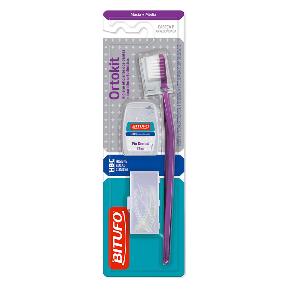 Encontraproduto.com.br - Ortokit Com Escova Dental Bitufo Ortodontica+fio Dental Bitufo 25m+ Estojo Passa Fio Com 30 Unidades