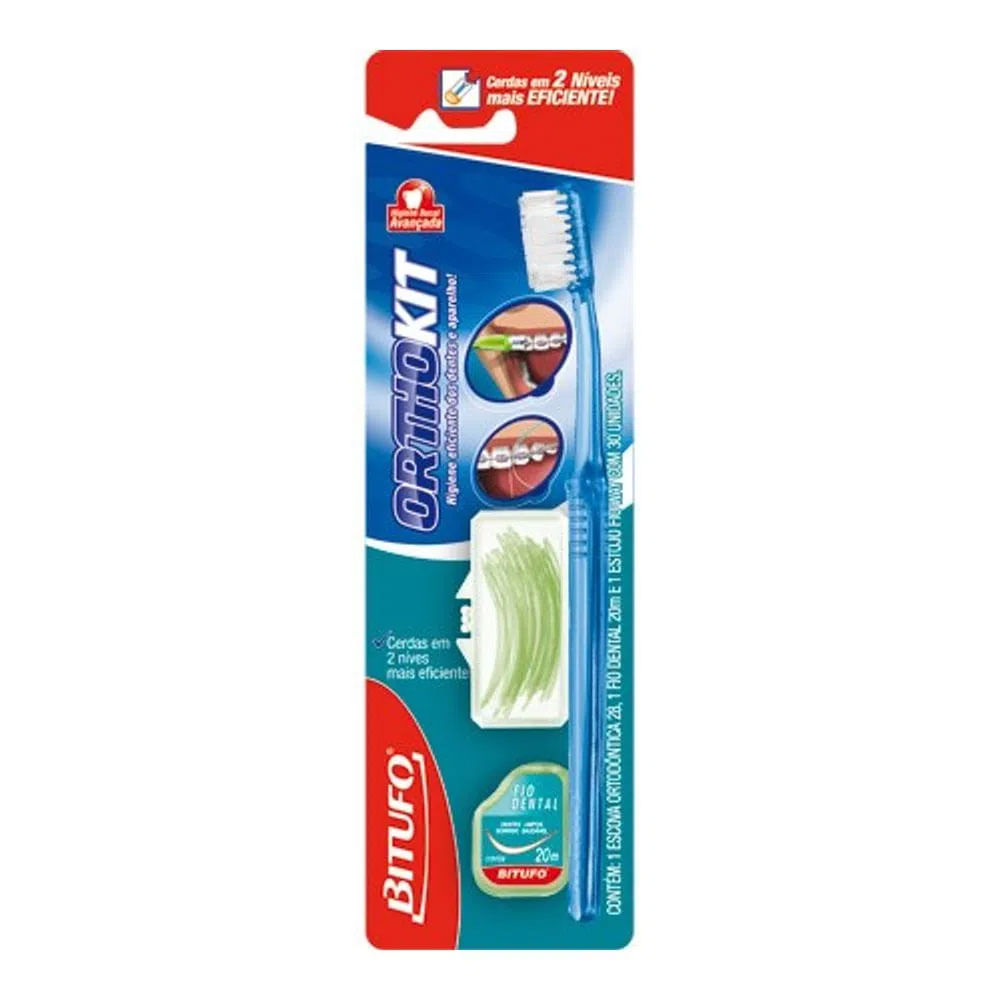 Encontraproduto.com.br - Ortokit Com Escova Dental Bitufo Ortodontica+fio Dental Bitufo 25m+ Estojo Passa Fio Com 30 Unidades
