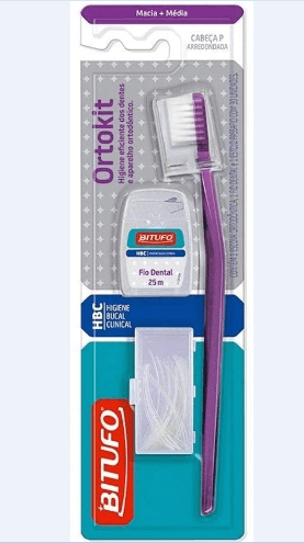 Encontraproduto.com.br - Ortokit Com Escova Dental Bitufo Ortodontica+fio Dental Bitufo 25m+ Estojo Passa Fio Com 30 Unidades
