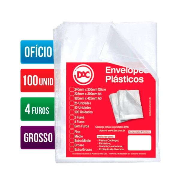 Encontraproduto.com.br - Saco Plástico 4 furos 0,15 Ofício Grosso C/100 - Dac Saco Plast 4f 0,15 Of Pct/100