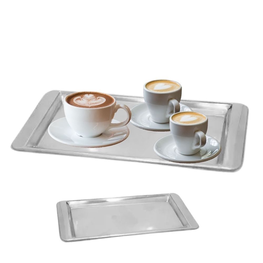 Encontraproduto.com.br - Bandeja Aço Inox Retangular Servir Café 30x14 Cm Kit 3 Peças