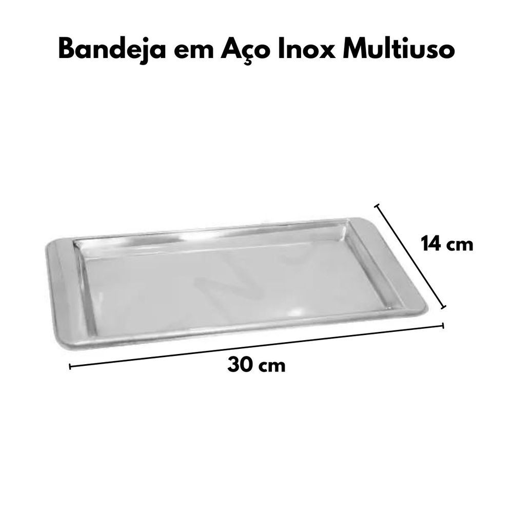 Encontraproduto.com.br - Bandeja Aço Inox Retangular Servir Café 30x14 Cm Kit 3 Peças