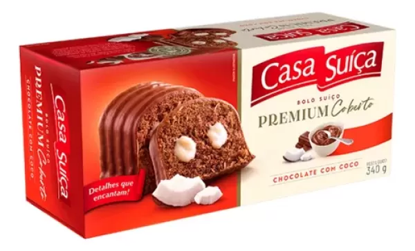 Bolo Suíço Chocolate com Coco Recheio Coco Cobertura Chocolate Casa Suíça Premium Caixa 340g