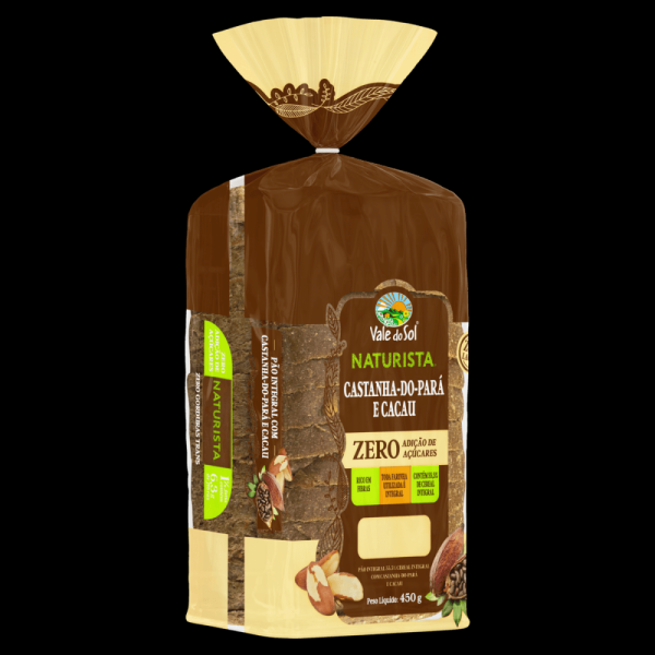Encontraproduto.com.br - Pão Integral 55,5% Cereal Integral com Castanha-do-Pará e Cacau Zero Lactose sem Adição de Açúcar Vale do Sol Naturista Pacote 450g