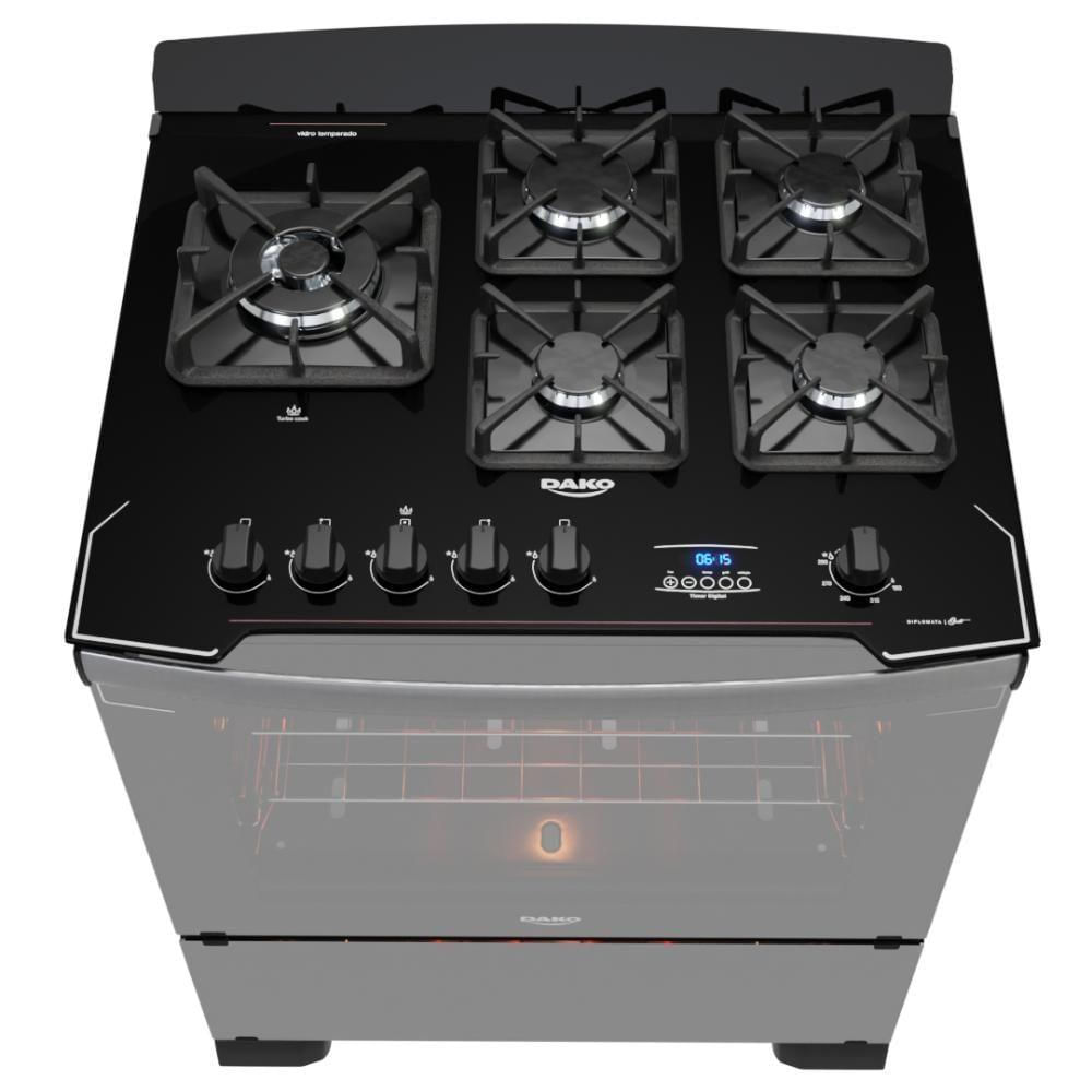 Encontraproduto.com.br - Fogão 5 Bocas Preto Frente Vidro Espelhado E Timer Digital Dako Diplomata Glass Grill Style Bivolt