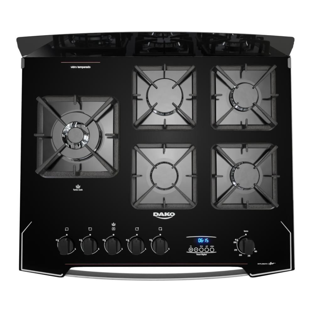 Encontraproduto.com.br - Fogão 5 Bocas Preto Frente Vidro Espelhado E Timer Digital Dako Diplomata Glass Grill Style Bivolt