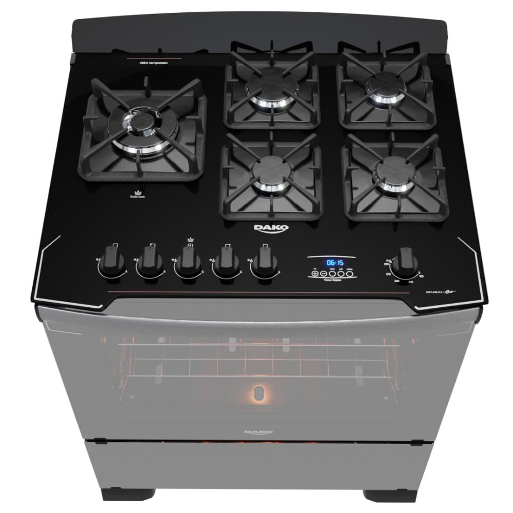 Encontraproduto.com.br - Fogão 5 Bocas Preto Frente Vidro Espelhado E Timer Digital Dako Diplomata Glass Grill Style Bivolt