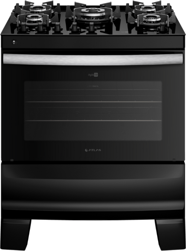 FOGÃO 5 BOCAS ATLAS AGILE UP GLASS PRETO COM ACENDIMENTO AUTOMÁTICO MESA DE VIDRO