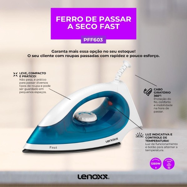 Encontraproduto.com.br - Ferro de Passar a Seco Lenoxx Fast Blue 110V