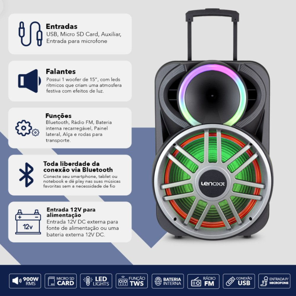 Encontraproduto.com.br - Caixa de Som Acústica LCA15 Bluetooth 900W Lenoxx Preta