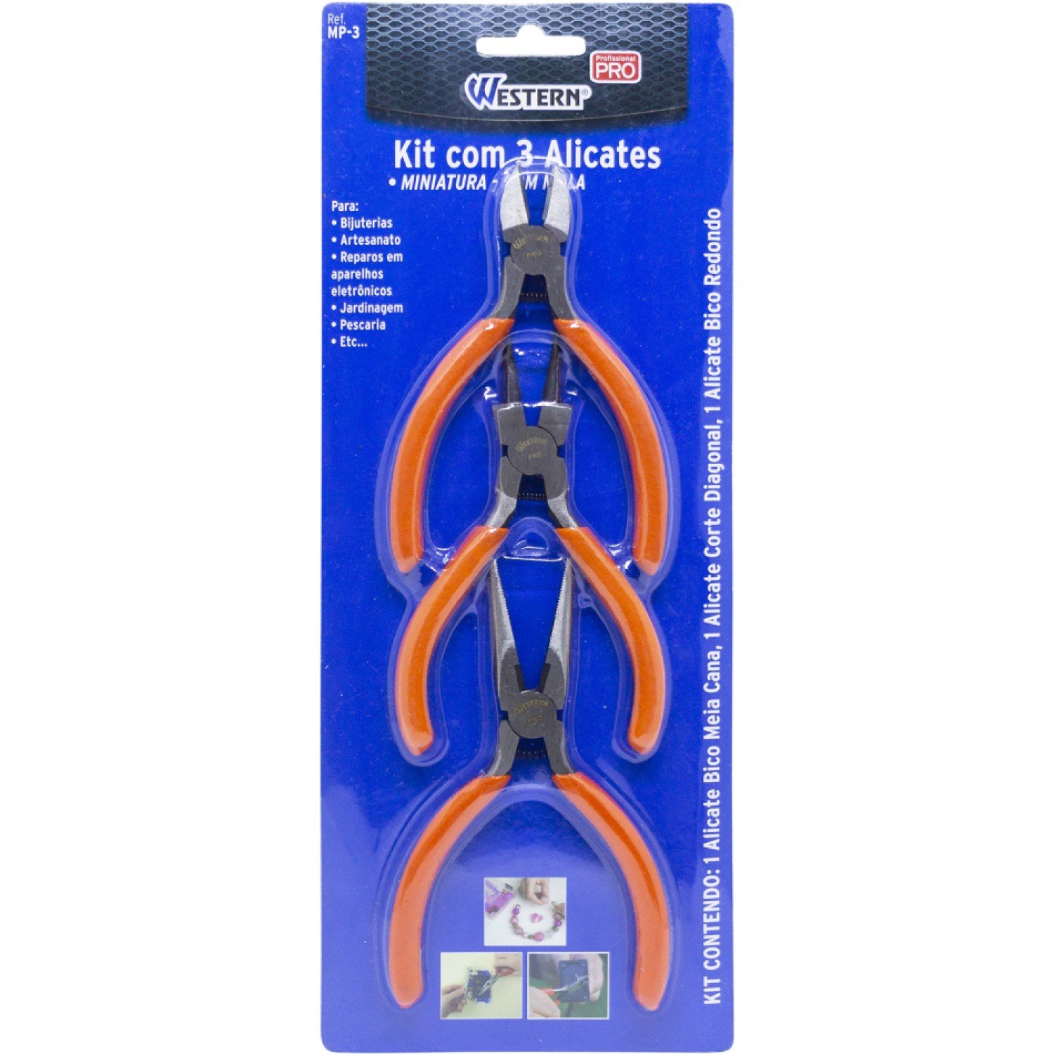 Encontraproduto.com.br - Kit Alicates Miniatura Western 3 Pecas Com Mola