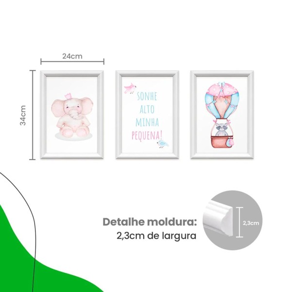 Encontraproduto.com.br - Kit 3 Quadros Decorativos Meu Rodapé Sonhe Alto Elefante e Balão Rosa 24x34