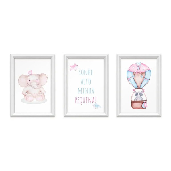 Encontraproduto.com.br - Kit 3 Quadros Decorativos Meu Rodapé Sonhe Alto Elefante e Balão Rosa 24x34