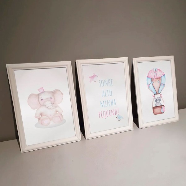 Encontraproduto.com.br - Kit 3 Quadros Decorativos Meu Rodapé Sonhe Alto Elefante e Balão Rosa 24x34