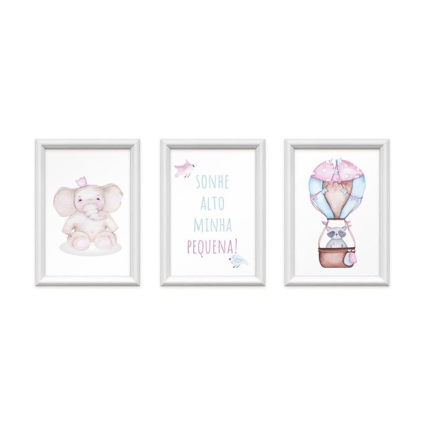 Encontraproduto.com.br - Kit 3 Quadros Decorativos Meu Rodapé Sonhe Alto Elefante e Balão Rosa 24x34