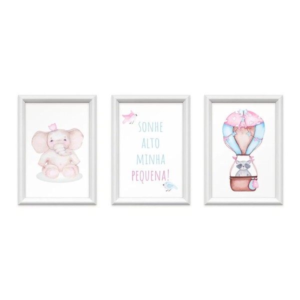Encontraproduto.com.br - Kit 3 Quadros Decorativos Meu Rodapé Sonhe Alto Elefante e Balão Rosa 24x34