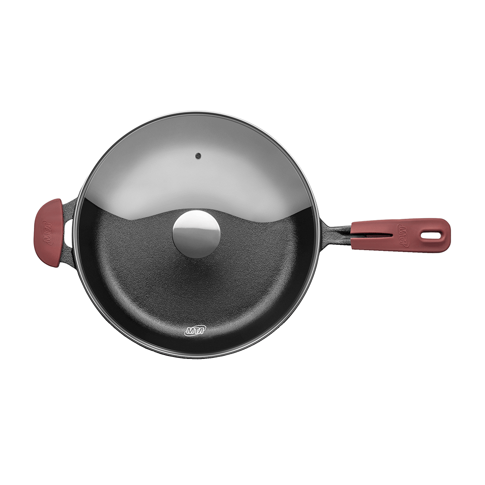 Encontraproduto.com.br - Frigideira de Ferro MTA 28cm, 3,1L, com Tampa de Vidro e Cabo de Silicone - 8378