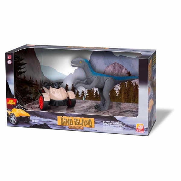 Encontraproduto.com.br - Triciclo com Fricção e Figura - Dino Island Adventure - Triciclo e Velociraptor - Silmar