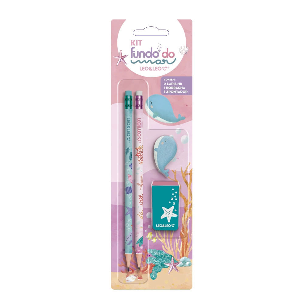 Encontraproduto.com.br - Kit Escrita Fundo do Mar com Lápis Apontador e Borracha Leonora