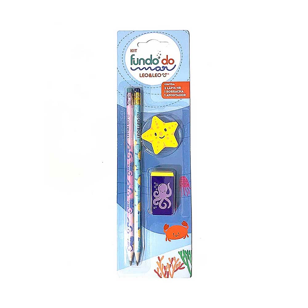 Encontraproduto.com.br - Kit Escrita Fundo do Mar com Lápis Apontador e Borracha Leonora