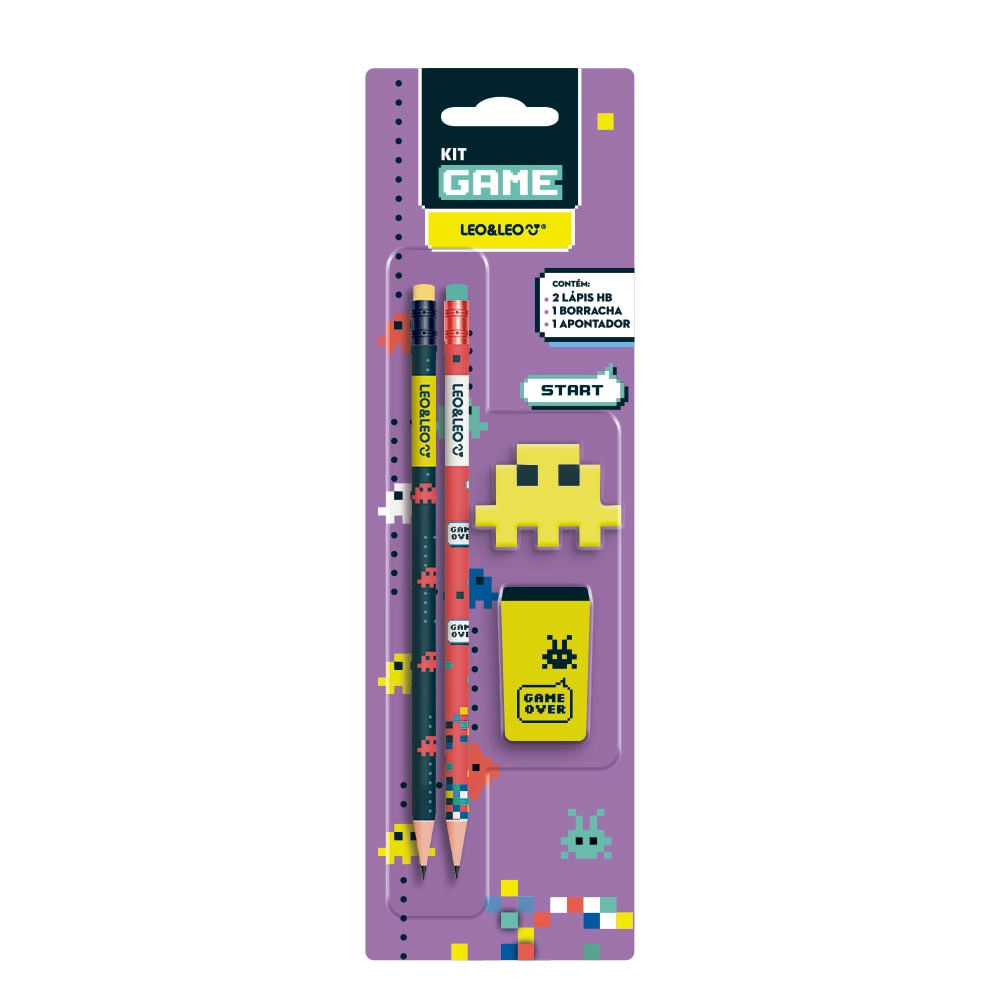 Encontraproduto.com.br - Kit Escrita Leonora Gamer com 2 Lápis Grafites HB Nº2 + 1 Borracha + 1 Apontador