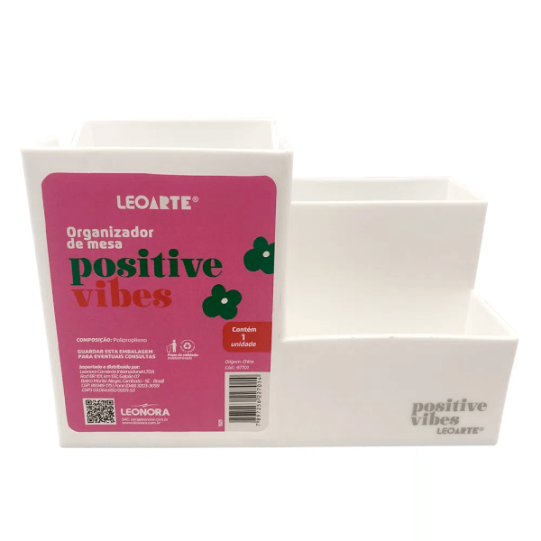 Encontraproduto.com.br - Organizador De Mesa 03 Divisórias Positive Vibes Branco 97701 Leoarte