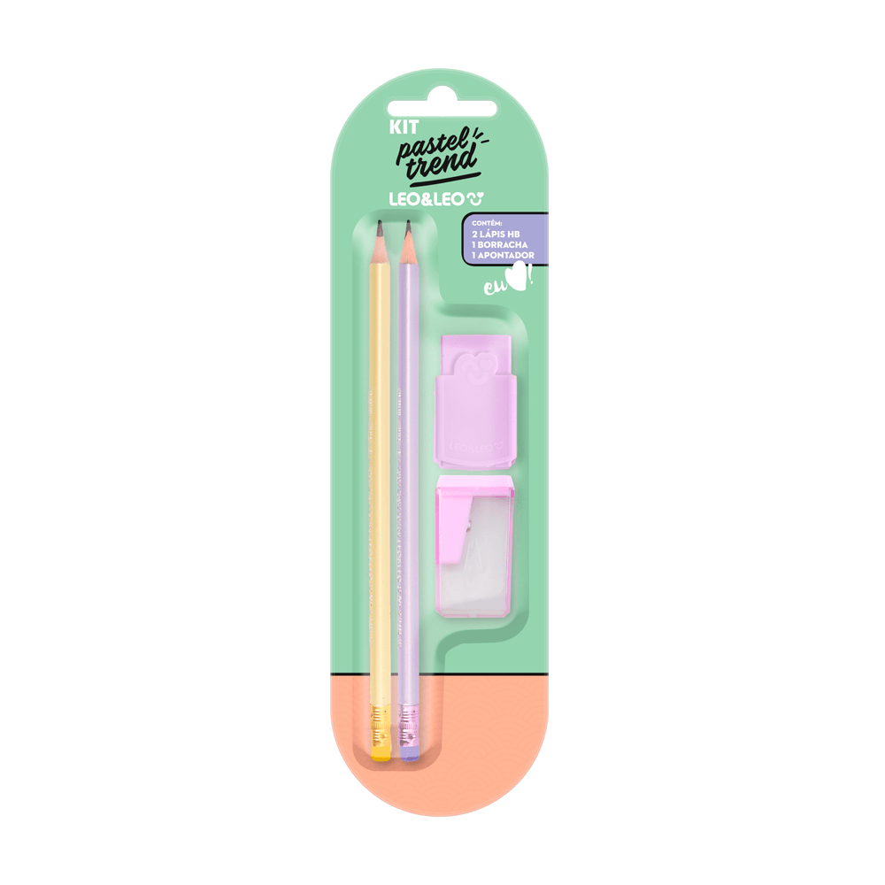 Kit Pastel Trend Leo&Leo 2 Lápis Borracha Apontador Sortido