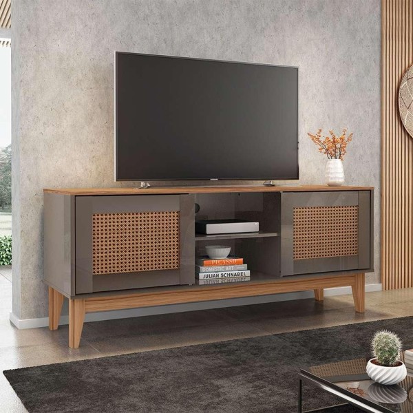Rack Sala Safira Para Tv Até 55 Polegadas Com Pés Em Madeira Cinza Perola/noce