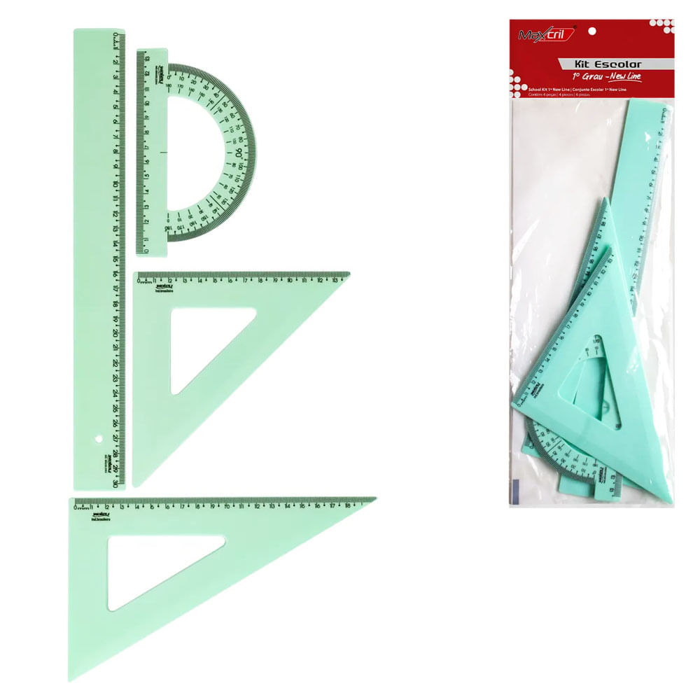 Encontraproduto.com.br - Kit Escolar Régua, Esquadro E Transferidor 4 Peças New Line Verde Maxcril